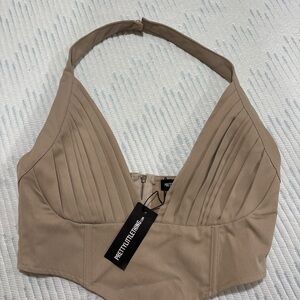PrettyLittleThing Beige Pleated Halter Top